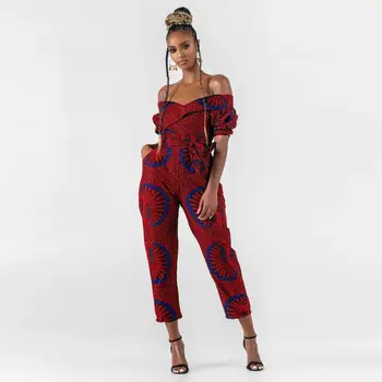 Africké nový štýl jeseň oblečenie nová digitálna tlač žien sexy jeden-line golier bez ramienok rukávy jumpsuit