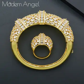 ModemAngel Veľké Luxusné Bambusové Náramok Prsteň Pre Ženy Micro Kubický Zirkón Pripraviť Strany Svadobné Saudskej Arabčina Dubaj Šperky Sady