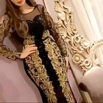 Black Morská víla Večerné Šaty So zlatým Čipky Sequin Ženy Lady Formálne arabčina Luxusné Prom Šaty Dlhé Rukávy YSAN820