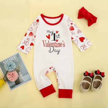 Nové Moja 1. Valentína Oblečenie Nastavené Novonarodené Dievčatká List Tlač Jumpsuit+hlavový most Set