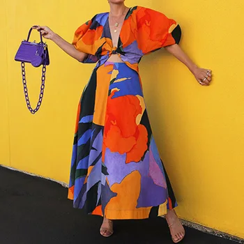 Módne Dlhé Ženy Šaty Vintage Vytlačené Farby Blok Lístkového Rukáv Maxi Šaty Župan Femme Vestiods 2020 Beach Party Šaty Retro