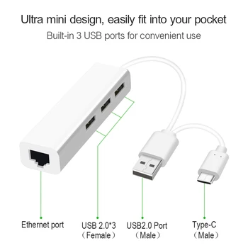 USB 2.0 Hub Typ-c Sieťová Karta OTG USB Rozbočovače Typ C do Rj45 Lan Adaptér Gigabit Ethernet USB Rozbočovač pre Macbook Notebook, telefón