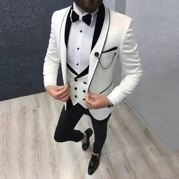 Najnovšie Kabát Nohavice Vzory Biele pánske Klasické Obleky pre Svadobné Pekný Ženícha Smoking Slim Fit Terno Masculino Prom Party 3 Ks