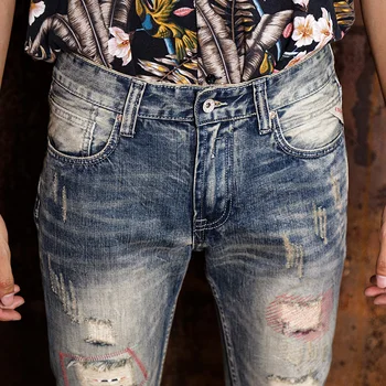 Americký Streetwear Módy Mužov Džínsy Retro Umyté Slim Fit Zničené Roztrhané Džínsy Škvrny Dizajnér Džínsové Nohavice Hip Hop Džínsy