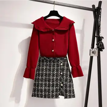 ICHOIX 2020 nových prírastkov ženy jeseň sveter šaty Západný štýl dve kus dlhý rukáv pletené červenej farby a pletené sukne