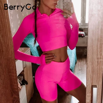 BerryGo Sexy silm zips klope ženy krátke set Bežné dlhý rukáv pevné Športový štýl vyhovoval Jar jeseň fashion sportswear 2020