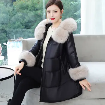 Zimné ženy coats pu kožené sako imitácia fox kožušiny golier ženy nadol bundy teplé ženy parkas vrchné oblečenie