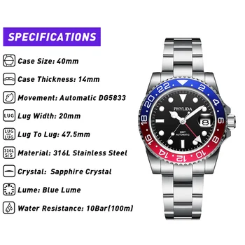 100M vodotesnosť GMT Duálny Čas Black Dial Automatické pánske Hodinky Zafírové Sklo Luxusné Mechanické Náramkové hodinky