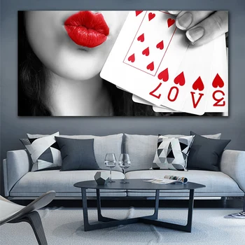 GOODECOR Moderné Červené Pery Ženy Plátno na Maľovanie Poker LÁSKA Stenu Vytlačí obrázok Plagátu Obrázok pre Obývacia Izba Dekorácie Č Rám