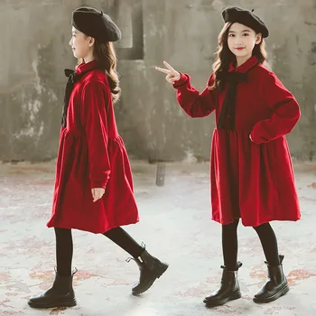 2020 Zimné Dospievajúce Dievčatá Velvet Zahustiť Vianočné Šaty Sladké Deti Luk Oblečenie Móda Deti Party Šaty, #1167