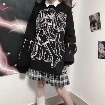 Japonské kreslené pletený sveter Zimné ženy Vintage plus veľkosť voľné módne bežné punk Harajuku nadrozmerné anime ženy sveter