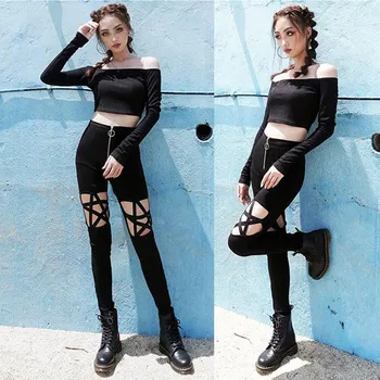 Módy Sexy Ženy, Punk Gotický Pevných Farieb Bežné Vysoký Pás Legíny Duté Z Päť-Špicaté Hviezdy Zips Slim Strečové Nohavice#g3