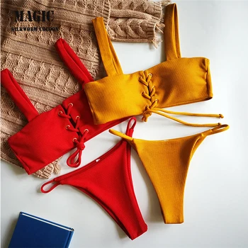 Leto Dve Kus Plavky 2018 Ženy Halter Top Solid Bikini Set Sexy Tangá Plavky dámske Plávanie Oblek Červená žltá Plaviek