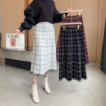 2020 Jeseň Zima Pletenie Midi Sukne s Vysokým Pásom Strapec Plus Veľkosť kórejský Štýl Vintage Kockované Sukni, Čierne Dlhé Sukne pre Ženy