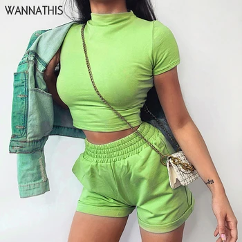 WannaThis Neon Zelená Ženy 2 Ks Súpravy Tričko a Šortky Tenké Elastické Výška Pása Mini Šortky Módne Letné Streetwear Stanovuje Nové