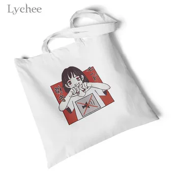 Liči Harajuku Anime Dievča Print Biele Plátené Tašky Skladovania Opakované Použitie Pôvodný Kabelka Skladacia Veľká Taška Cez Rameno Travel Bag