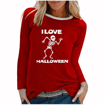 Dlhé Rukávy Košieľka Topy Pre Lady Halloween Karneval Party Veľké Veľkosti 3XL Ženy Horor Lebky Kostra Slim Print T Shirt