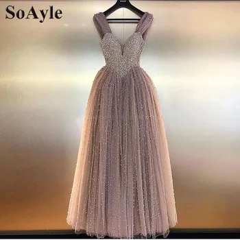 SoAyle plesové Šaty, Perlové Prom Šaty vestidos de gala Luxusné Lištovanie Perly Arbia Módne Čaj Dĺžka Večerné Šaty
