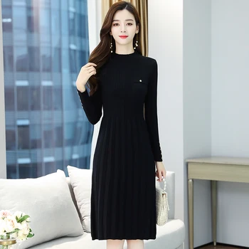 Jeseň Zima Zrastov Teplé, Hrubé Pevné Šaty 2020 Vintage Čierna Bežné Sveter Kórejskej Ženy Elegantné Bodycon Strany Sveter Vestidos