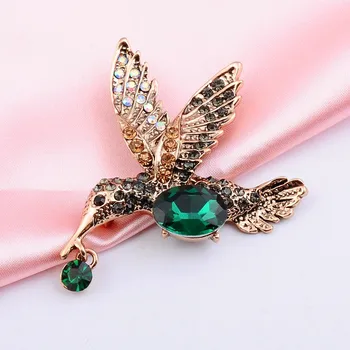 Roztomilý Žena Malý Vták Brošňa Pre Ženy Kúzlo Rose Gold Color Svadobné Šperky Vintage Green Crystal Pin Sako Príslušenstvo