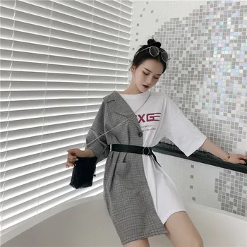 2019 Nový Príchod Krátky Rukáv kórejský Patchwork Elegantné tričko Letné Módy Slim Bežné List Tlač Dlhé tričká 75126