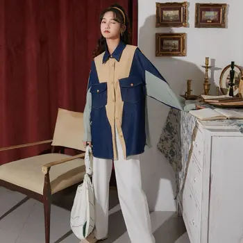 CHEERART Jesenné Farby Blok Denim Tričko Ženy Patchwork Nadrozmerné Voľné Top A Blúzka 2020 Klesnúť kórejský Módne Oblečenie