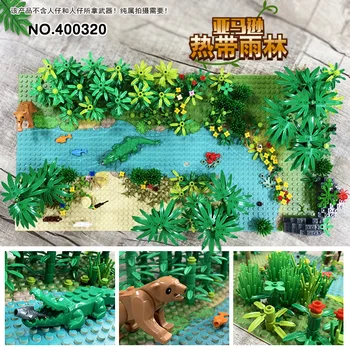 Malé častice zábava tropickom dažďovom pralese pasienky lesné zviera svetovej scéne model detí vzdelávacie stavebné bloky hračka darček