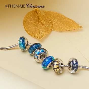 ATHENAIE Skutočné Murano Skla 925 Silver Core Zlatý Piesok Charms Perličiek Nosenie Všetkých Európskych Náramky Farba Modrá Darček Na Vianoce