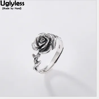 Uglyless Reálne Pevné 925 Sterling Silver Ručné Ruže Kvet Prstene pre Ženy Thai Striebro Otvoriť Krúžok Jednoduchý Darček Jemné Šperky