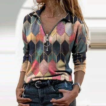 Nové Patria dámske Tričko Fashion Vytlačené V-Neck T-Shirt Ležérny Top Dlhý Rukáv Zips Slim Elegantné Street Nosiť Ženy, Topy 2020