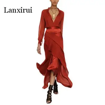 Plus Veľkosť Šaty Módne Ženy Jar Elegantné uvidíme, aj Keď Nepravidelného tvaru Sexy Šaty Módne kórejský Dlhý Rukáv Maxi Šaty