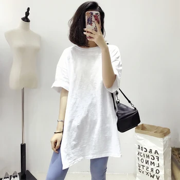 HanLadies kórejská verzia split lem päť-bod rukáv voľné slub bavlna biela t-shirt dámske krátke rukávy strednej dĺžky