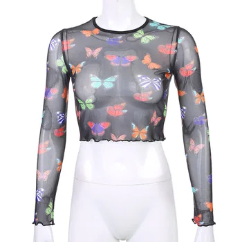 Motýľ Sexy Ženy, Tričko Vidieť Cez Transparentné Oka Topy s Dlhým Rukávom Úplnej Štíhle Dámy Turtleneck T-Shirt Ženy tričko 2020