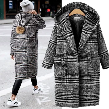Jesenné a zimné nové žien Európe a Amerike veľká veľkosť voľné dlhej časti kapucňou tartan kabát, kabát módne oblečenie pre ženy