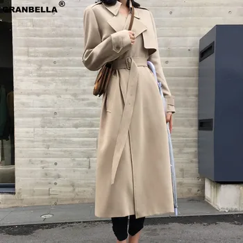 2020 kórejský štýl žien dlhý výkop coats Khaki & black voľné windbreaker s pásom Plus Veľkosť balíka office lady jacket vrchné oblečenie