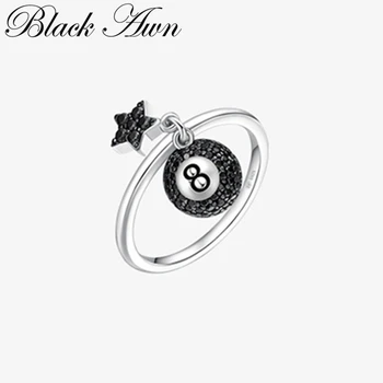 [BLACK AWN] Skutočné 925 Sterling Silver Šperky Black '8' Prstene pre Ženy, Ženské Hviezdy Bague G100