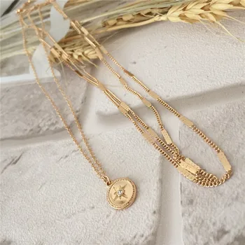 Módne šperky zlatá farba pokovovanie kolo disk prívesok vrstvený náhrdelník pre ženy