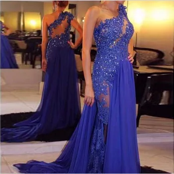 Kráľovská Modrá Večerné Šaty 2020 Dĺžka Podlahy Šifón Vidieť Cez Jedno Rameno Appliqued Čipky Party Šaty Plus Veľkosť vestidos