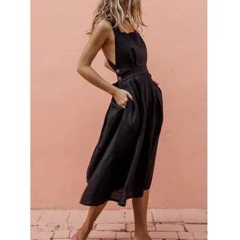 2020 Nové Letné Módy Pevné Office Lady Midi Šaty dámske Sexy Backless bez Rukávov Skladaný Vysoký Pás Šaty Tlačidlo Vrecká
