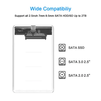 CHIPAL Transparentné 2.5 palcový HDD SSD Prípade, Sata do USB 3.1 Typ C Adaptér Zadarmo 5 gb / S Okno Pevný Disk Krytu Podporu 2TB UASP