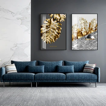 Nordic Zlaté Abstraktné List Kvet Maliarske Plátno Biele Perie, Plagát, Tlač Wall Art Obrázok pre Obývacia Izba Domova