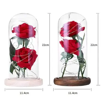 Red Rose V Banková Kvet V Sklenenou Kupolou Na Drevenej Základni LED Noc Pre Valentines Day Darček pre Dievčatá, Narodeniny, Svadobné Dekorácie