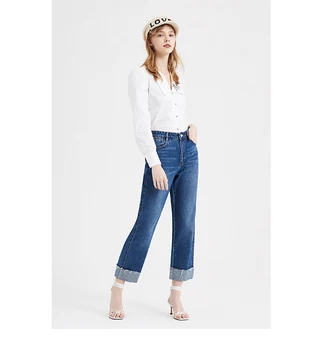 LEN Žien Voľné Straight Fit Bavlny High-vzostup Plodín Jeans | 19580