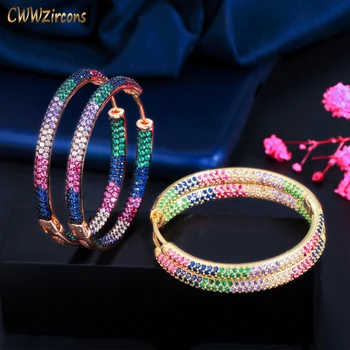 CWWZircons Trendy Dva Tóny Rainbow Cubic Zirconia Kruh, Kolo Obvodové Náušnice pre Ženy Šperky Hip Hop Pendientes Mujer CZ846
