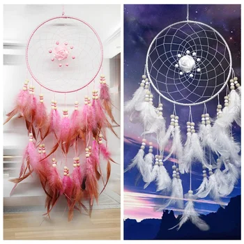 Rose Dream Catcher Nástenné Závesné Dekorácie Pierko Ornament Tradičnom Štýle Dreamcatcher Veľké, Bielo-Ružová Farba