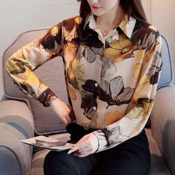 Ženy Šifón Tričko 2020 Módne Dlhý Rukáv Kvetinový Tlač, Blúzky, kórejský Štýl Vintage Oblečenie Office Dámy Topy a Blúzky