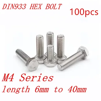 100ks DIN933 M4 4 mm 304 nerezovej ocele hex skrutka M4*8/10/12/1/16/18/20/25/30/35/40mm