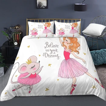 Dance Dievčatá Princezná posteľná bielizeň Set pre malé Deti detská Postieľka Perinu Nastaviť obliečka na Vankúš Prikrývka, Deka Kryt Roztomilé Ružové Cartoon Swan Myš