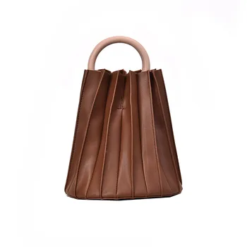 2020 nové žien taška PU kožené farbou módne krúžok drevené spony prenosné skladaný vedro vrece wild ramenní taška cez rameno