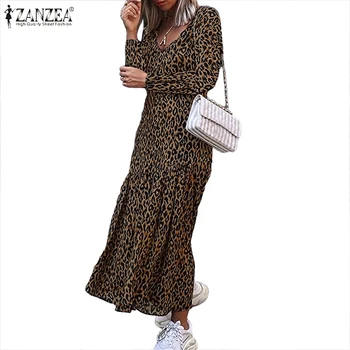 Plus Veľkosť Leopard Tlač Šaty ZANZEA 2021 Jeseň Žien Prehrabať Maxi Šaty Módne Sexy V Krku Vestidos Žena Bežné Župan 5XL